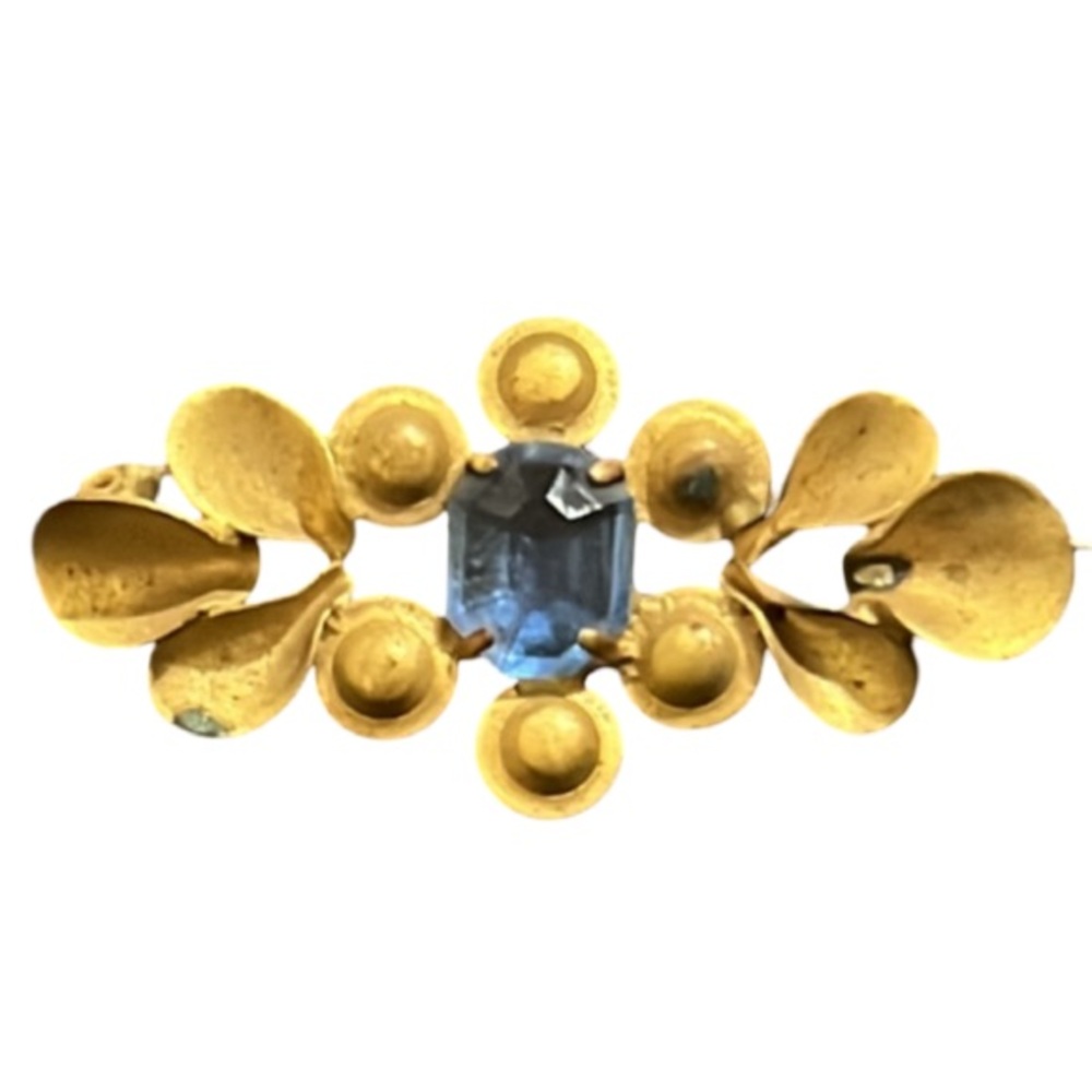 Antique Art Nouveau Gold Plated Blue Czech Glass Leafy Bar Brooch